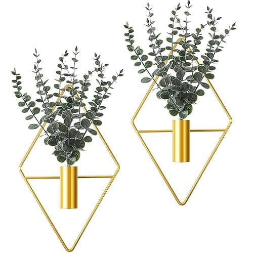 Jexine 4 Pcs Hanging Planters with Artificial Eucalyptus Metal Hanging Vase Indoor Plants Holder Modern Geometric Boho Bathroom Wall Decor for Living Room Home Office (Eucalyptus,Gold) - Image 1