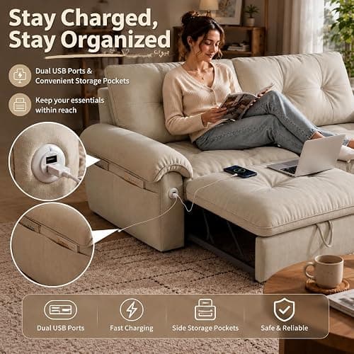 howcool Queen Sleeper Sofa Bed, 77" Pull Out Couch | 3-in-1 Convertible Sofa Bed, Loveseat Sleeper with USB Charging Ports for Living Room, Velvet Fabric, RV-Friendly, Beige thumbnail 4