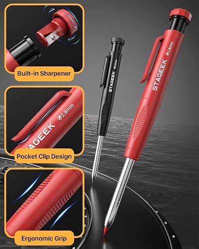 STAGEEK 3PCS Carpenter Pencils with Sharpener, Heavy Duty Woodworking Tools, Mechanical Pencil Set with 39 Refills, Deep Hole Long Nib Marker Pens for Architect Marking with Case (Red, Black, Yellow) thumbnail 6