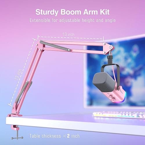 FIFINE XLR Gaming Microphone USB, PC Dynamic Microphone Kit for Vocal, Recording, Podcast, Streaming RGB Mic with Headphone Jack, Mute Button, Boom Arm Stand for Computer/Mixer-AmpliGame AM8T Pink thumbnail 7