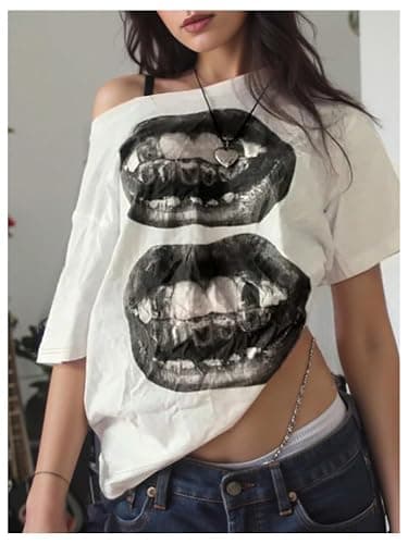 RoseSeek Women's Off The Shoulder Tops Short Sleeve Lip Graphic Tees Retro Y2K Summer T Shirts thumbnail 3