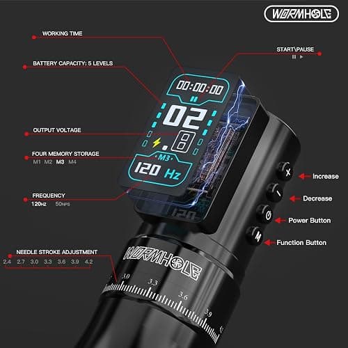 Wormhole 2300mAh Battery and 7 Adjustable Stroke Tattoo Gun for Artists, Aluminum Alloy Wireless Tattoo Machine, Lightweight Compact Rotary Tattoo Pen Powerful Motor Precision Professional - Black thumbnail 3