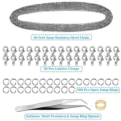 50 Feet Stainless Steel Chains for Jewelry Making, Anezus Jewelry Chain Bulk Small Metal Chains with 100 Jump Rings 30 Lobster Clasps for Necklace Making Bracelet DIY thumbnail 3