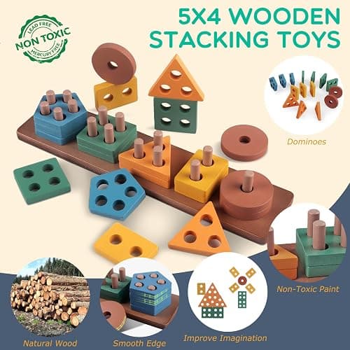 Wuzhineisn Montessori Baby Toy Sorting Stacking Learning Toys Wooden Building Blocks, Xylophone Musical, Infant Teethers Toys for Baby, 6 in 1 Toy Birthday Gifts for Toddlers thumbnail 5