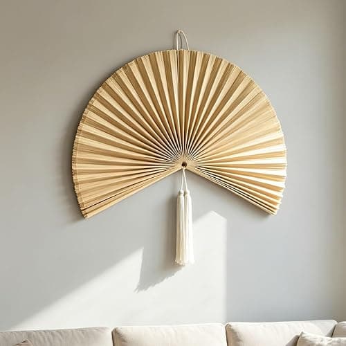 Large Wall Fan Decor, Giant Handcrafted Bamboo Folding Ornament, 30 Inch Oriental Chinese Style Hanging Art, Boho Room Accent for Bedroom, Living Area, Indoor, Above Bed, Headboard，Natural Straw - Image 1