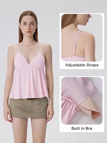 SUUKSESS Women V Neck Babydoll Tank Tops with Built in Bra Summer Cute Peplum Cami Going Out Tops thumbnail 4