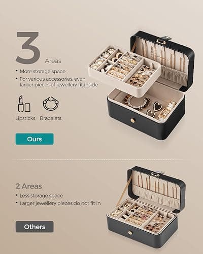 SONGMICS Jewellery Box, 2-Layer Jewellery Storage, 11 x 16 x 8 cm Travel Jewellery Box, Portable Jewellery Case, Small, Spacious, for Larger Accessories, Gift Idea, Ink Black JBC166B01 thumbnail 5