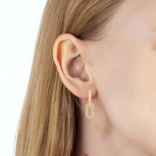 Austrian Crystals Paperclip Drop Earrings for Women 14K Gold Plated Double Huggie Dangle Earrings Hypoallergenic Sparkly Jewelry thumbnail 2