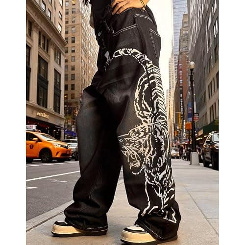 Xojbzoo Y2K Tiger Print Baggy Jeans Unisex Wide Leg Pants Retro Streetwear Hip Hop Denim Trousers thumbnail 3