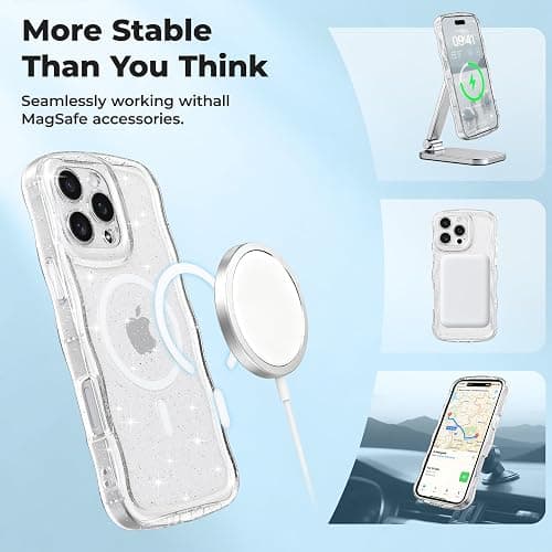 FABSPARK Case for iPhone 15,Compatible with MagSafe,Magnetic Clear Curly Wavy Frame Wave Case with Sparkly Bling Glitter,Transparent Acrylic Hard PC for iPhone 15,Glitter Clear thumbnail 3