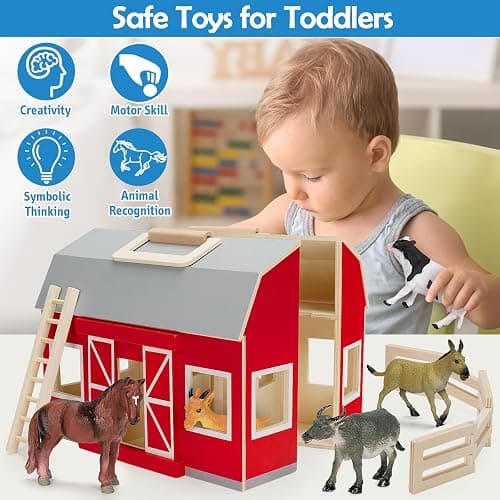 YEEBAY Farm Animals Toys for 3+ Year Old Kids Toddlers Girls Boys, Large Wooden Barn with Animal Play Figures, Farm Playset Educational Learning Toys, Ideal Christmas Birthday Gifts thumbnail 4