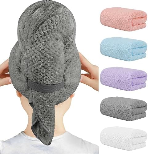 HOMEXCEL 5 Pack Microfiber Hair Towels - 40 x 20 inches Super Soft, Fast Drying Turbans for Long, Thick, Curly Hair - Anti Frizz Wrap with Elastic Strap - Image 1