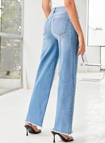 Sidefeel Women's Wide Leg Jeans High Waisted Strechy Raw Hem Zimbaplatinum Denim Pants thumbnail 4