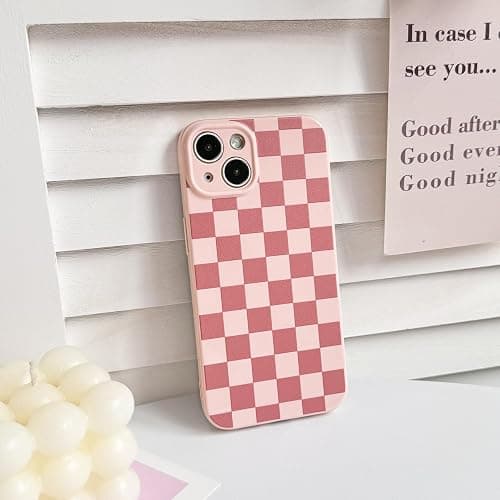NITITOP Compatible with iPhone 15 Plus Case Cute Aesthetic Checkerboard Checkered Pattern for Women Girl Trendy Slim Fit TPU Silicone Shockproof Full Camera Protection Cover - Pink thumbnail 7