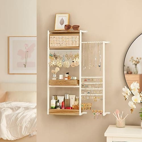 Pinzoveco Hanging Jewelry Organizer Wall Mounted, Large Hanging Jewelry Organizer Holder for Necklaces,Bracelest,Earrings,Rings,Watched,Makeup & Perfume (White) thumbnail 7