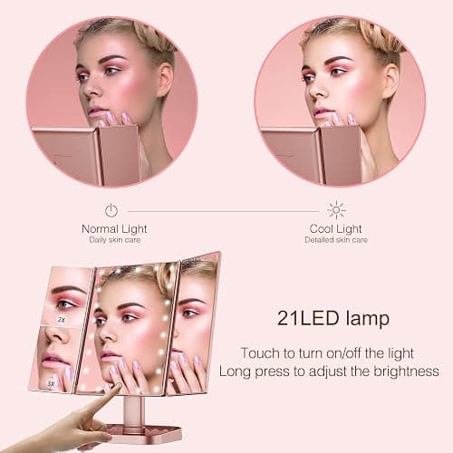 HUONUL Makeup Mirror, 10X 3X 2X Magnification, Lighted Makeup Mirror, Touch Control, Dual Power Supply, Portable LED Mirror, Women Gift (Rose Gold) thumbnail 2
