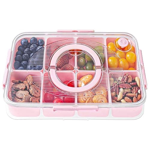 Luxear Divided Snack Box with Compartment, Divided Snack Serving Tray Reusable with Lid Handle, Food Storage Container Organiser for Snackle Box Appetizers Container,Pink - Image 1