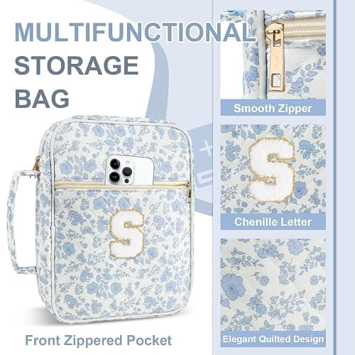 Personalized Initial Bible Cover Case for Women Girls Kid - Large Quilted Bible Case with Handle, Stylish Chenille Letter Bag Study Supplies, Perfect Christmas Gifts for Christians (Blue Flower-S) thumbnail 5