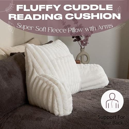 OHS Reading Pillow Ribbed Faux Fur, Heatable Pocket Super Soft Cosy Reading Cushion for Adults Snuggle Relaxing Bed Armchair Pillow Back Support, Cream thumbnail 5