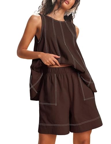 Tomosc Womens 2 Piece Lounge Set Casual Summer Outfits Sleeveless Tank Top and Elastic Waist Shorts with Pockets thumbnail 2