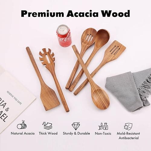 Acacia Wood Utensils Set - 6 Piece Handmade Wooden Spoons for Cooking, Natural Acacia Wood Kitchen Utensils for Non-stick Cookware, Turner, Serving Spoon, Slotted Spoon, Soup Ladle, Spaghetti thumbnail 4