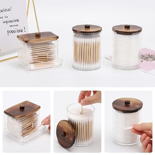 Tbestmax Bathroom Organizer Accessories Set-10 OZ,7 OZ Qtips Holder Storage with Wood Lids, Cotton Ball/Swabs Dispenser, Apothecary Container Jar 3 Pcs thumbnail 4