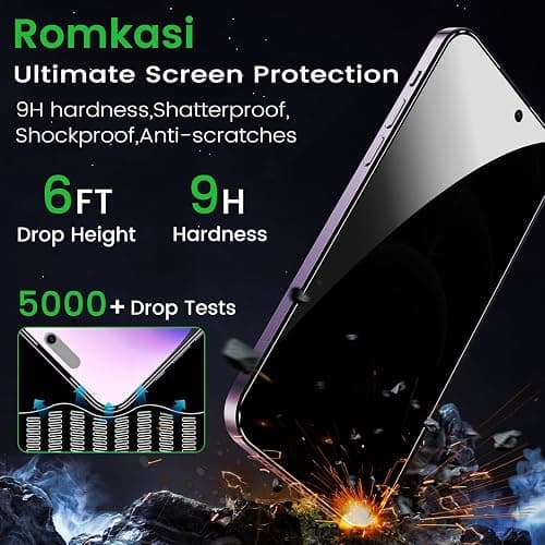 Romkasi 3 Pack Privacy Screen Protector for iPhone 14 Pro Max 6.7 Inch with 3 Pack Camera Lens Protector, Anti Spy Tempered Glass Film, Anti-Scratch, Touch Sensitive, Case Friendly thumbnail 5