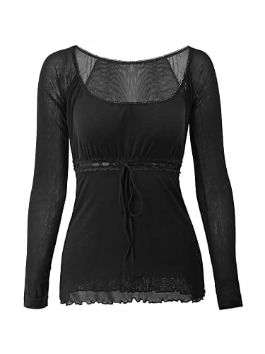 Y2K Mesh Top Women Long Sleeve Shirts Scoop Neck Ruffle Hem Babydoll Blouse thumbnail 6