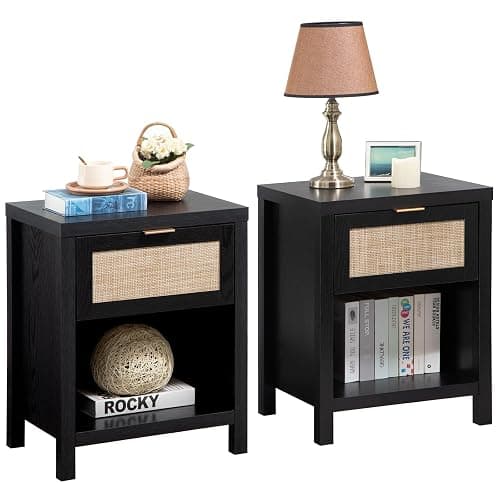 SICOTAS Rattan Night Stands Set of 2, Farmhouse Nightstand Bedside Table with Drawer and Storage Shelf, Boho End Side Table for Bedroom, Small Space, Black Oak - Image 1