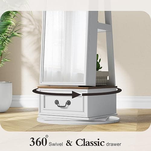 360°Swivel jewelry organizer with Full Length Mirror with Lights,Jewelry Armoire Cabinet Standing with Drawers,Large Mirror Storage for Jewelry and Makeup,Best Gift for Mom,Wife & Girls（White） thumbnail 8