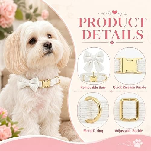 RoseYouth Dog Collar and Leash Set with Bowtie, Soft & Cute Puppy Collar, Cotton Puppy Collar with Adjustable Metal Buckle for Small, Medium Dog (White, Size S: Neck 10"-16") thumbnail 4