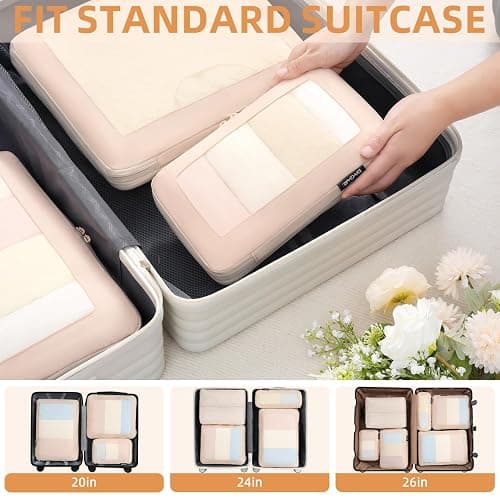 BAGAIL 4 Set/6 Set/8 Set Compression Packing Cubes Travel Accessories Expandable Packing Organizers (Square Mesh, 05-Cream) thumbnail 6
