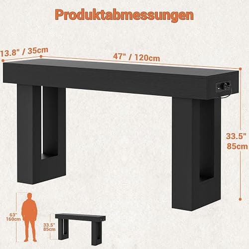 iSunirm Konsolentisch 120 cm mit Steckdosen & Bewegungsmelder-Licht, Beistelltisch mit offenem Stauraum, Landhausstil, für Eingang, Flur, Wohnzimmer, Schwarz thumbnail 2