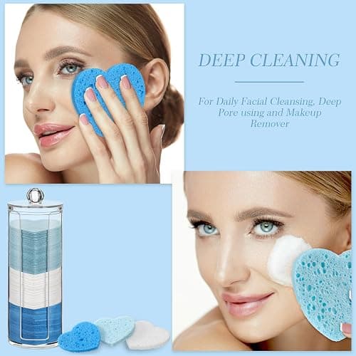 Sieral 120 Pcs Compressed Facial Sponges for Women with Container Disposable Face Sponge Pads for Washing Face Cleansing Exfoliating Esthetician Makeup Removal(Heart,Blue, Light Blue, White) thumbnail 6