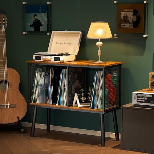 Record Player Stand with Adjustable Divider Vinyl Storage Holder Up to 200 Albums Mid-Century Large Record Player Table Vinyl Holder Turntable Stand End Table for Bedroom & Living Room, Patent Pending thumbnail 6
