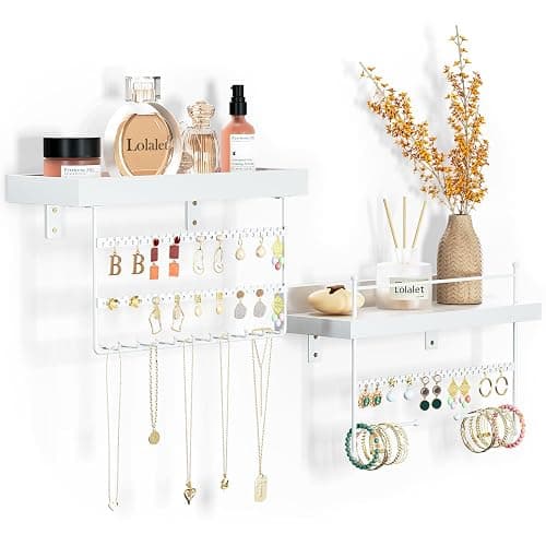 Lolalet Hanging Jewelry Organizer Wall Mount with Earrings, Bracelets, Necklaces Hooks - Easy Install Free Combination Jewelry Holder for Wall Bathroom - Set of 2, White - Image 1