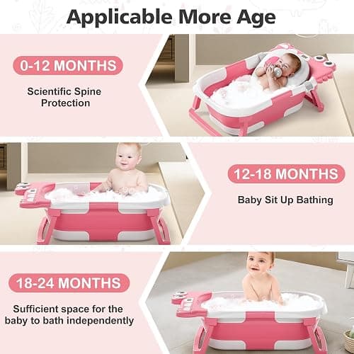Collapsible Baby Bathtub for Newborn, Foldable Baby Bath Tub with Thermometer & Soft Floating Cushion & Drain Hole, Portable Travel Infant Bath Tubs for Newborns to Toddler 0-36 Months Girl, Pink thumbnail 5
