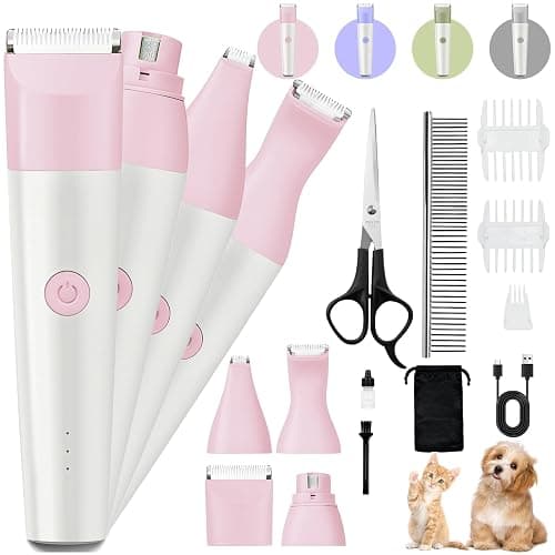4 in 1 Rechargeable Dog Clippers Grooming Kit with 2 Speeds and Low Noise | Quiet Cordless Dog Hair Trimmer for Paw Nail Grinder, Cat Grooming Clippers for Trimming Hair on Paw Eye Ear Face (Pink) - Image 1