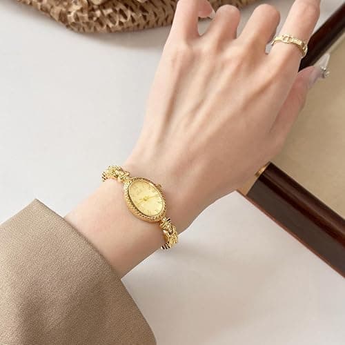 CARLIEN Fashion Vintage Gold Oval Quartz Watches for Women - Alloy Steel Band Slim Bracelet - Roman Numerals Numbers - Dainty Elegant Dress Wristwatch Waterproof thumbnail 5