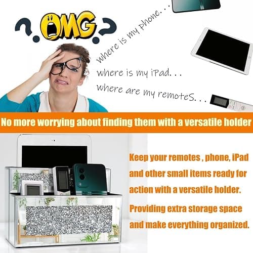 GOTHICO Mirrored Remote Holder, Wall or Tabletop Mounted Crush Diamond Bling Decoration Organizer Storage Caddy for Remote Phone Pad Notebook Makeup Brush,4 Slots in 3 Sizes,9.1"×6.1"×4.8" thumbnail 2