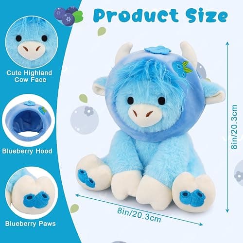 JIZWPOOM Highland Cow Plush-8inch Blueberry Highland Cow Stuffed Animal, Cute Stuffed Toys with Blueberry Removable Hood Doll, Kawaii Soft Decorations Stuffy Gift for Kids Girls Boys Toddler Birthday thumbnail 3