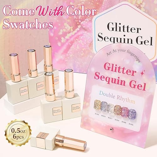 Double Rhythm 0.5 Oz Glitter Gel Polish Set of 6 Color with Display Board 15 ml Full Size Kit Shimmer Reflective Sparkle Soak Off Manicure Salon DIY at Home (Gold Blue Silver Purple Pink-T6-37) thumbnail 4