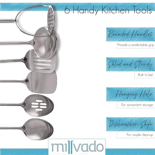 Millvado Stainless Steel Kitchen Utensil Set, Cooking Utensils, Set of 6 Kitchen Tools, Solid Spoon, Slotted Spoon, Solid Turner, Slotted Turner, Soup Ladle, Potato Masher, Dishwasher Safe thumbnail 4