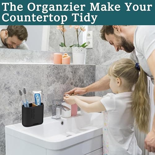 Toothbrush and Toothpaste Holder with Bamboo Divider for Bathroom Countertop Organizer, Detachable for Easy Clean, 2 Slots Electric Toothbrush Holders Storage Caddy Drainage for Family-Black thumbnail 6