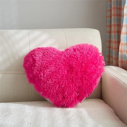 MOOWOO Fluffy Faux Fur Heart Throw Pillow for Valentine's,Mothers Day,Sherpa Plush Fluffy, Solid Color, Heart Shape Pillow for Girls,Hot Pink Love Throw Pillow (Rose Red) thumbnail 4