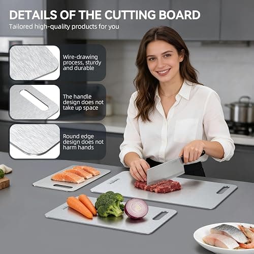Titanium Cutting Boards Set of 3, 100% Pure Titanium Kitchen Cutting Board, Double-Sided Non-Toxic Cutting Board, Ideal for Slicing and Dicing Meats, Features Handle, Dishwasher Safe thumbnail 4