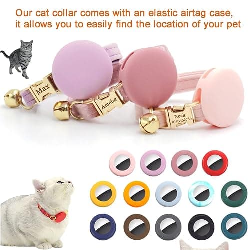 Personalized Cat Collar with Bells,Velvet Customized Small Cat Collar with Name Tag,Pet Collar with Name Phone Number Engraved ID Tags for Boy and Girl Kitten Cats (Cream) thumbnail 4