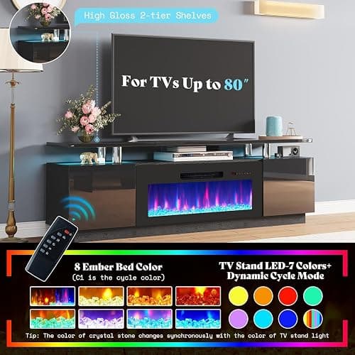 AMERLIFE Fireplace TV Stand with 36" Fireplace, 70" Modern Fireplace Entertainment Center LED Lights, 2 Tier TV Console Cabinet for TVs Up to 80", Obsidian Black thumbnail 3