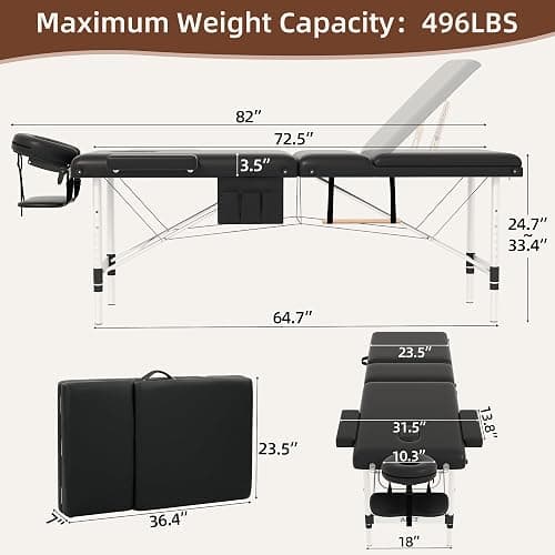 ABET Massage Table, 3 Fold Portable Professional Lash Tattoo Spa Bed, Height Adjustable 23.5" Wide Compact Facial Table with Detachable Oil Pocket Towel Rod Face Cradle Armrest, Aluminum Feet & Black thumbnail 3
