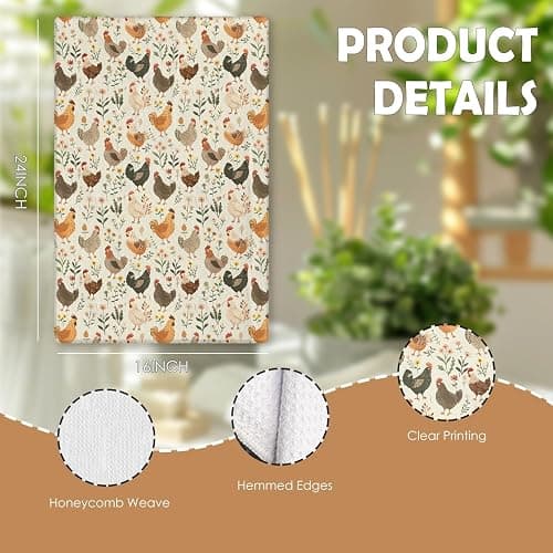 HUGANE Farmhouse Chicken Rooster Kitchen Towels, Chicken Dish Towels, Rooster Decor Hand Towel for Bathroom Kitchen Decor, Cock Mom Lady Gifts, 16x24 Inch thumbnail 7
